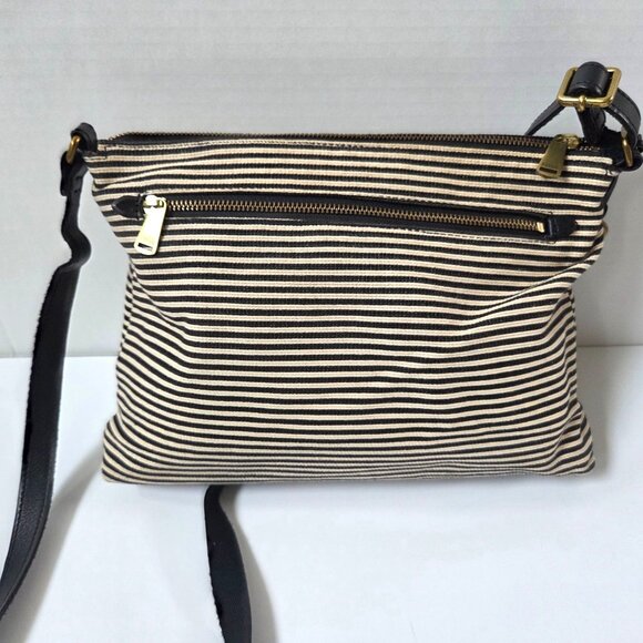 Fossil Purse Kinley Black Striped Canvas Tan Leather Crossbody Bag Boho - Picture 9 of 11
